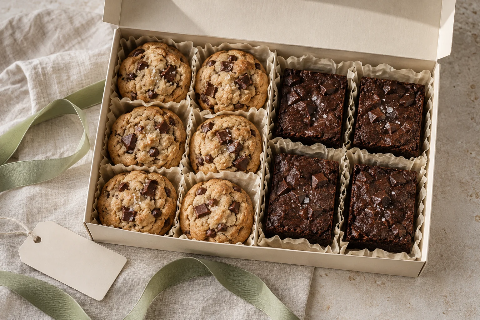 Homemade cookies and brownies packed in a cream gift box
