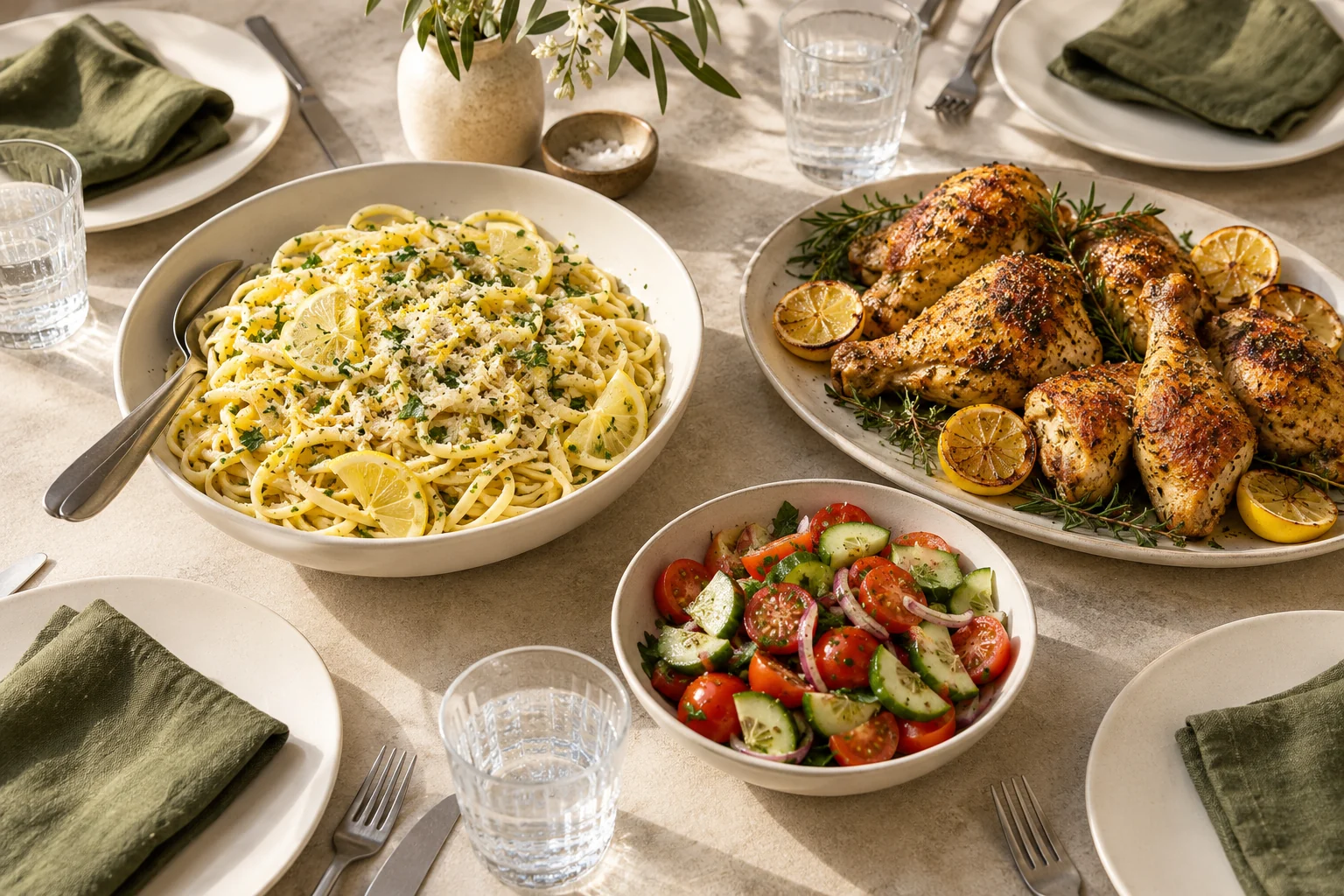 A relaxed lunch spread with lemon herb pasta, roasted chicken, and fresh salad