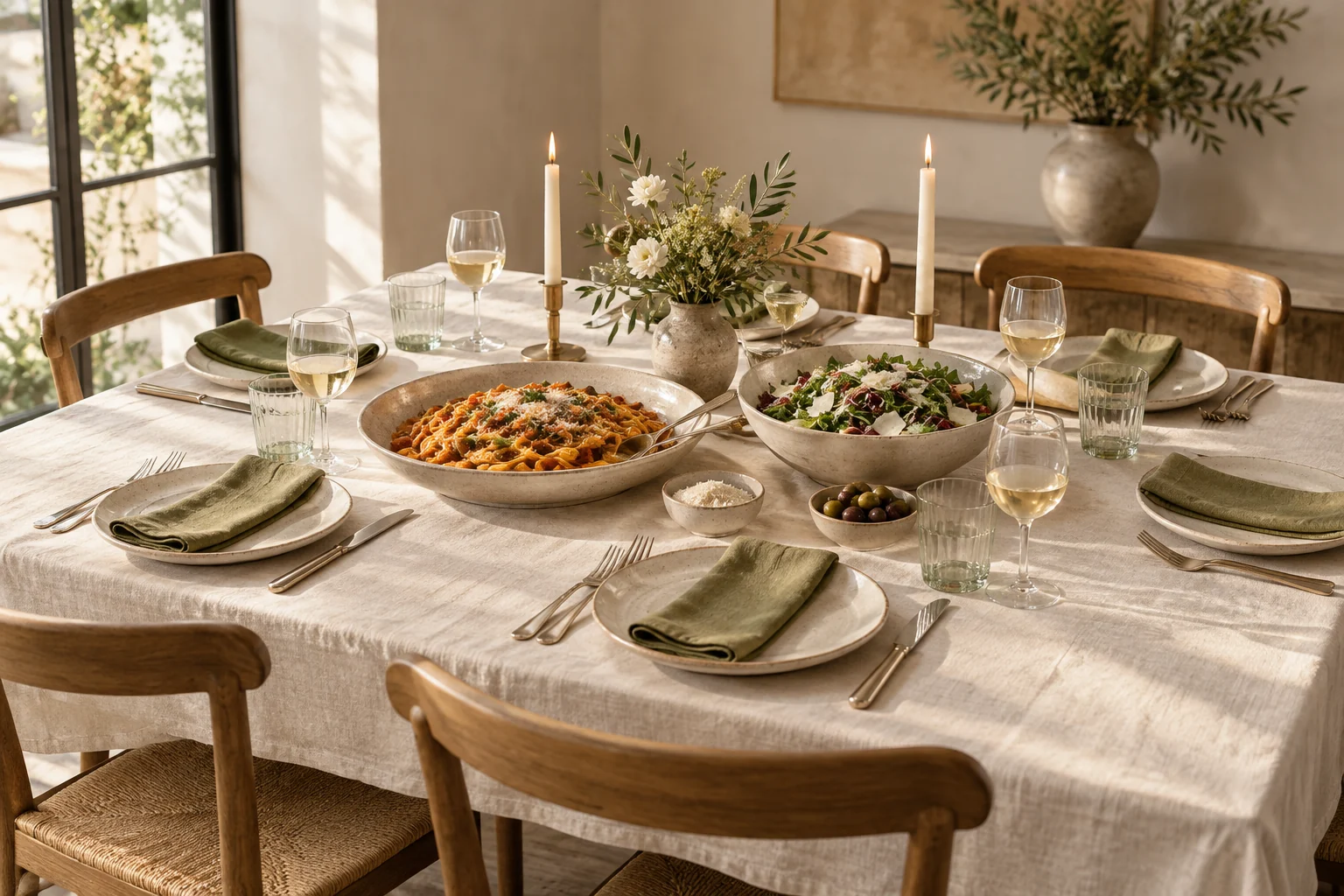 An inviting dinner table with olive linen napkins and shared dishes