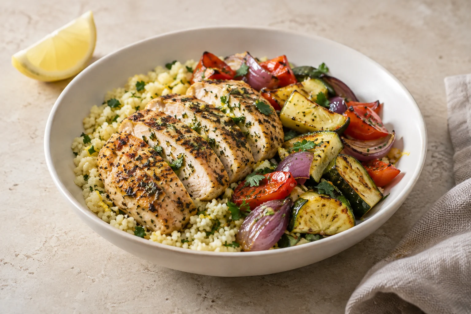 Lemon herb chicken with couscous and roasted vegetables