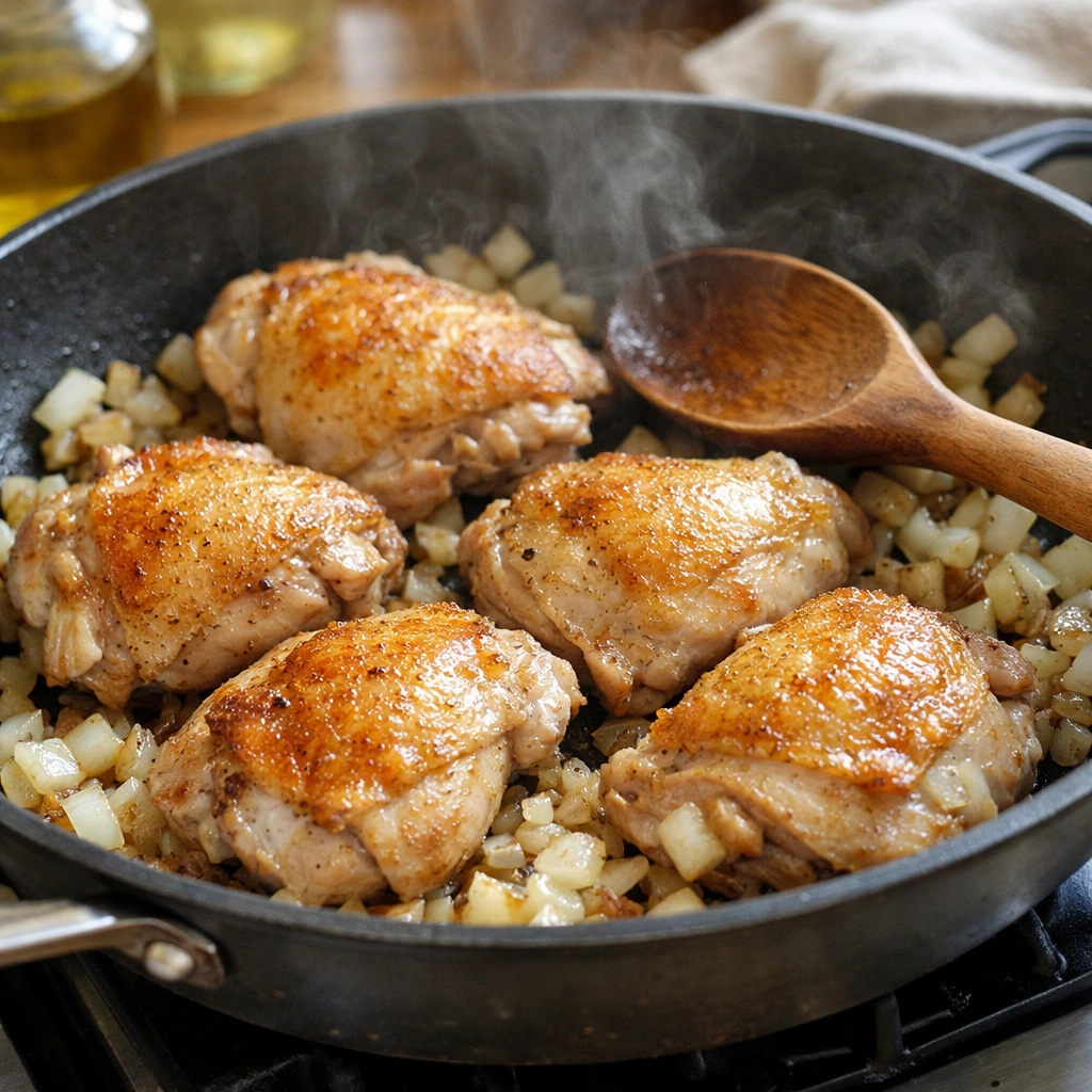 chicken browning in skillet for cheap chicken rice dinner
