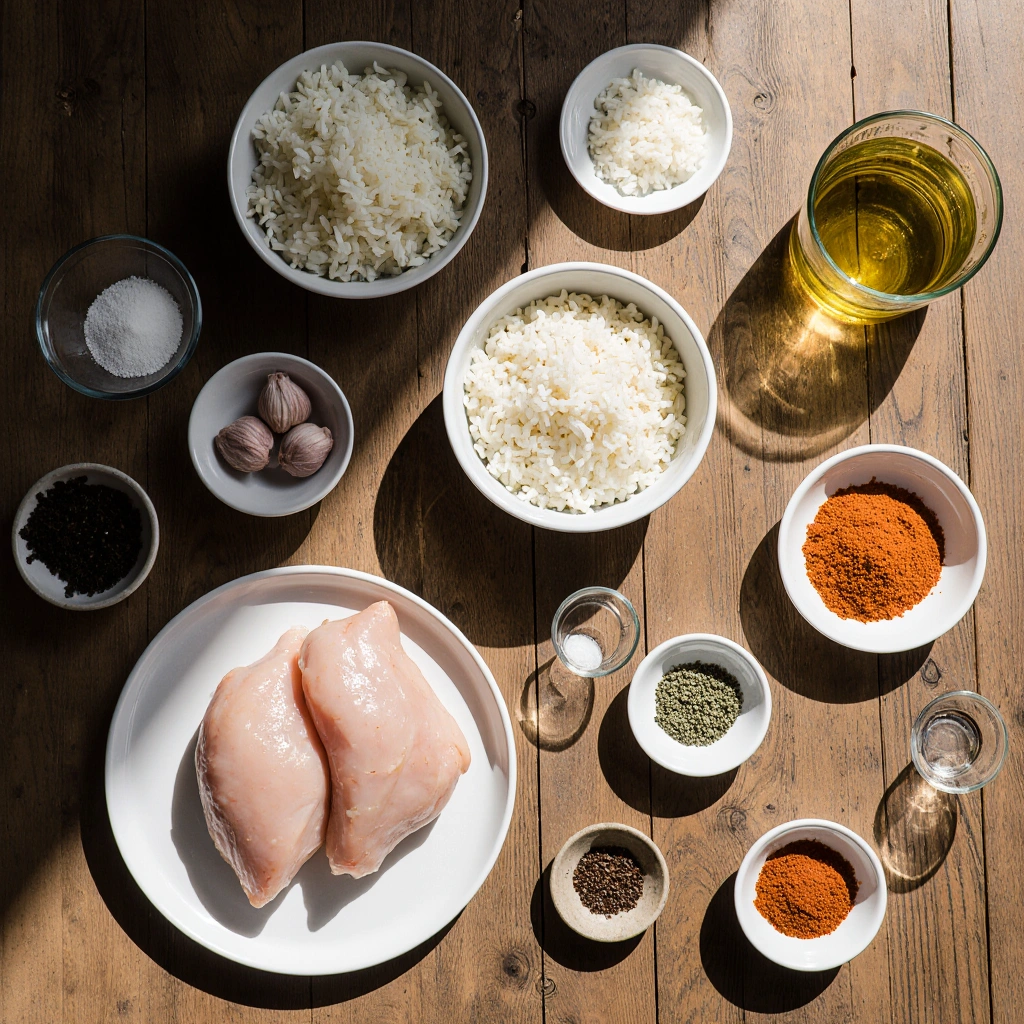 ingredients for cheap chicken rice dinner including chicken, rice, onion, garlic, and spices