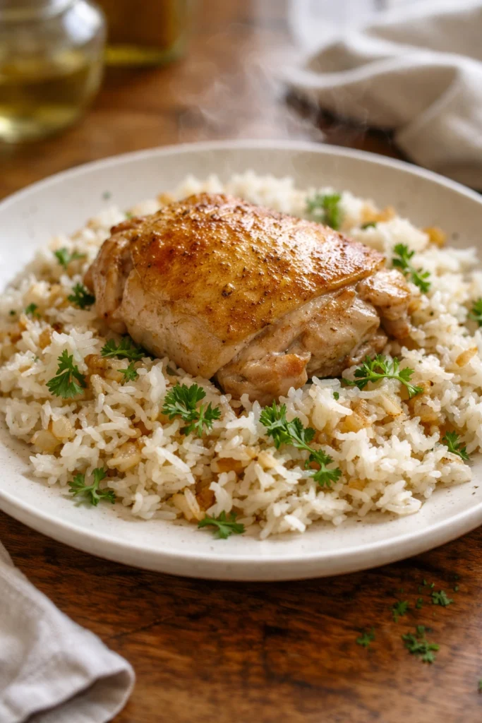 plated cheap chicken rice dinner with parsley garnish
