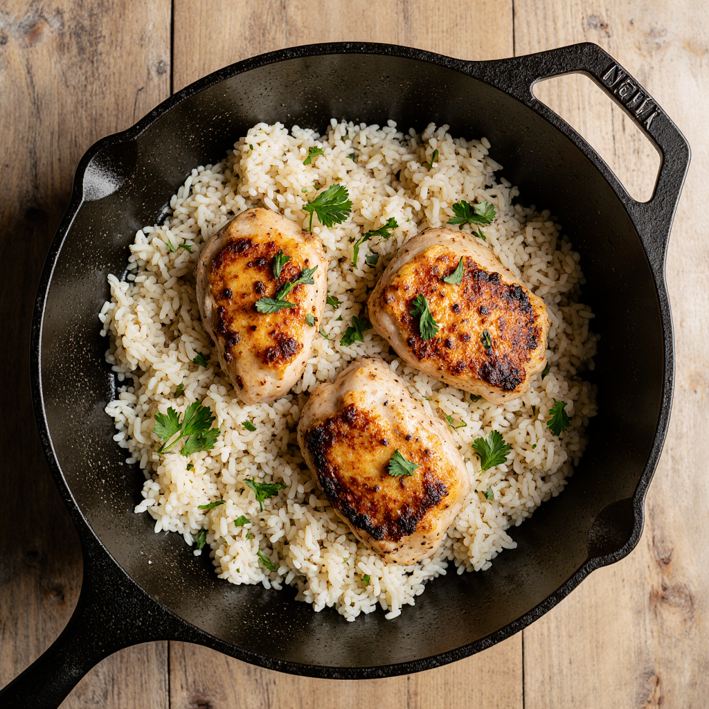 cheap chicken rice dinner in a skillet with fresh parsley garnish
