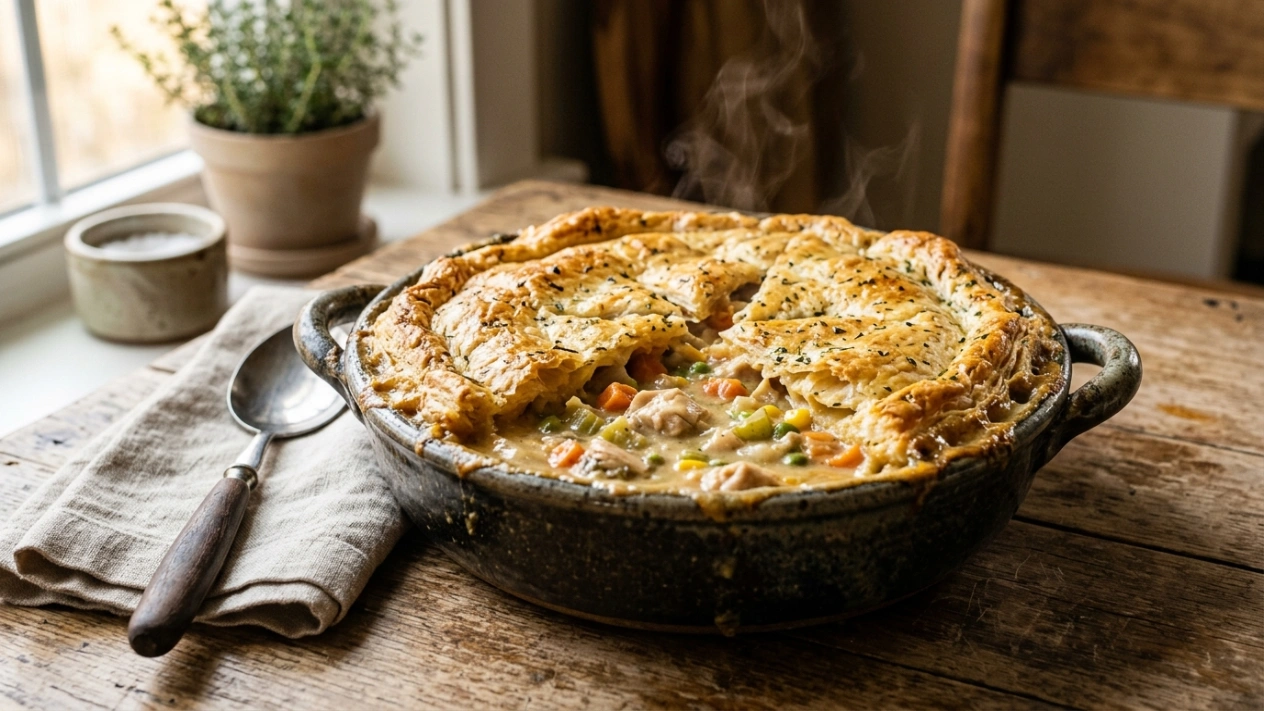 Chicken pot pie bake with creamy chicken filling and golden crust in a baking dish