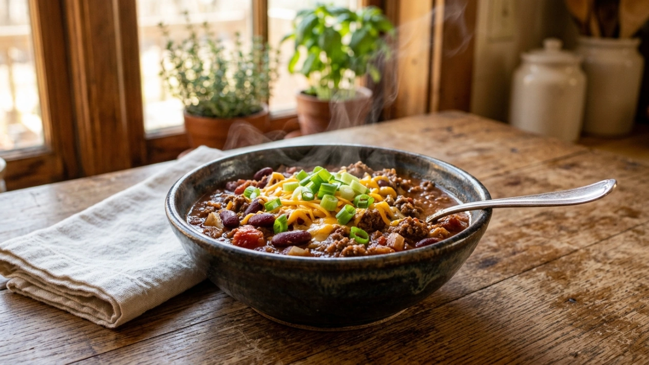 Chili with ground beef and beans topped with cheese in a rustic bowl