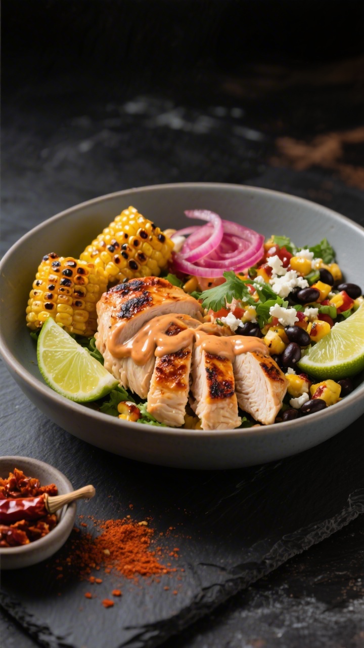 45-degree angle action-style final bowl: Fire-Roasted chipotle ranch chicken breast (chipotle in adobo, chili powder, paprika, garlic powder, kosher salt, olive oil) sliced with visible smoky char; paired with vibrant street corn salad (corn charred with speckles, cotija crumbles, lime, cilantro), black beans, and a drizzle-swirled chipotle ranch over the top; lime wedges and pickled red onions for pop; served in a wide matte bowl on a dark slate surface with a small dish of minced chipotle and a brush of paprika dust; bold, moody lighting for dramatic contrast, ultra-appetizing gloss.