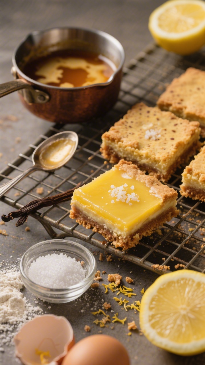 45-degree angle close-up of Brown Butter Lemon Bars on a cooling rack: the shortbread crust visibly speckled and deeper golden from brown butter, with a luscious lemon layer and a delicate salted finish on top. Include a small saucepan with browned butter showing toasted milk solids, a spoon with vanilla extract, a pinch bowl of fine sea salt, a measure of granulated sugar, all-purpose flour, cracked eggs in a clear bowl, and lemon halves with zest. Warm, cozy lighting to emphasize the nutty aroma, shallow depth of field, crumbs on the surface for texture, no people.