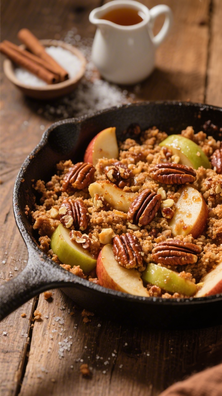 45-degree angle close-up of Brown Butter Maple Crumble with Toasted Pecans in a cast-iron skillet: mixed Honeycrisp and Granny Smith slices peeking through a deeply browned, maple-lacquered crumble studded with glossy toasted pecans, visible butter-browned speckles, a small pitcher of pure maple syrup in the background, a pinch bowl of cinnamon and a dusting of granulated sugar on the surface, warm, cozy fall mood with wood tones and soft side lighting to showcase the caramelized edges and crunchy pecan texture.