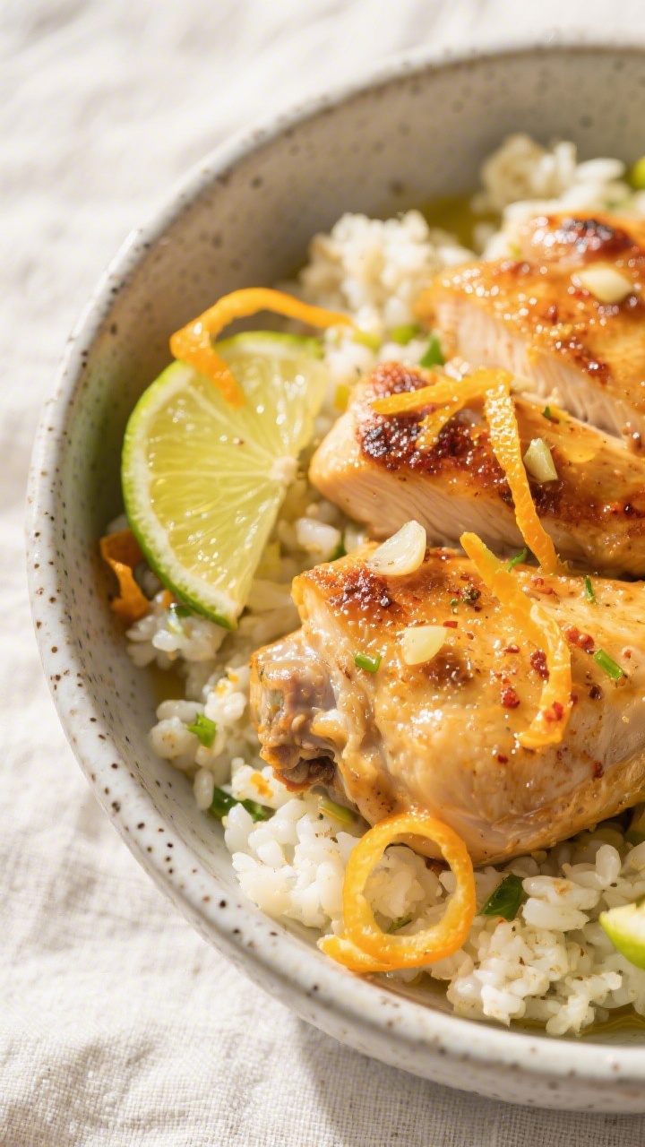 45-degree angle close-up of Citrus-Garlic Chicken Bowl with zesty cauliflower rice: golden seared chicken thighs glazed with orange zest and juice, lime juice, minced garlic, cumin, and a hint of chili powder. Fluffy cauliflower rice beneath, garnished with fresh orange zest curls and lime wedges, tiny droplets of citrus on the chicken, a warm sunlit feel. Drizzle of olive oil for shine, served in a shallow speckled stoneware bowl on a light linen, emphasizing bright, tangy freshness.