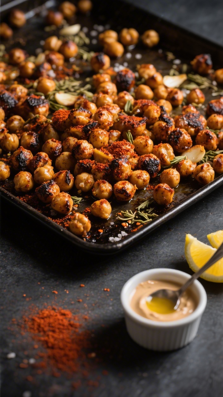 45-degree angle close-up of Smoky Roasted Chickpeas fresh from the oven on a dark sheet pan: evenly coated in olive oil, smoked paprika, ground cumin, ground coriander, garlic powder, and sea salt, with visible charred edges and crunchy texture; a small ramekin of tahini-lemon drizzle nearby with a spoon trail, a few lemon wedges and a dusting of paprika on the pan; moody directional light, shallow depth of field highlighting the spice crust.