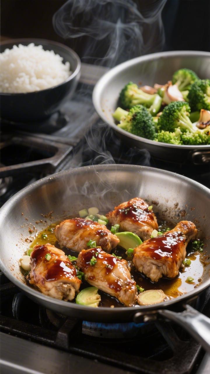 45-degree angle cooking-process shot of a Teriyaki-Ginger Chicken Bowl: bite-size chicken thigh pieces sizzling in avocado oil with finely grated fresh ginger and minced garlic, glossy teriyaki glaze clinging to the meat. On the stovetop, a second pan shows garlicky broccoli florets just starting to char at the edges. Include a bowl of steamed white rice in the background. Steam rising, rich mahogany glaze, emerald broccoli, clean stainless pan highlights, moody yet appetizing light, no people.