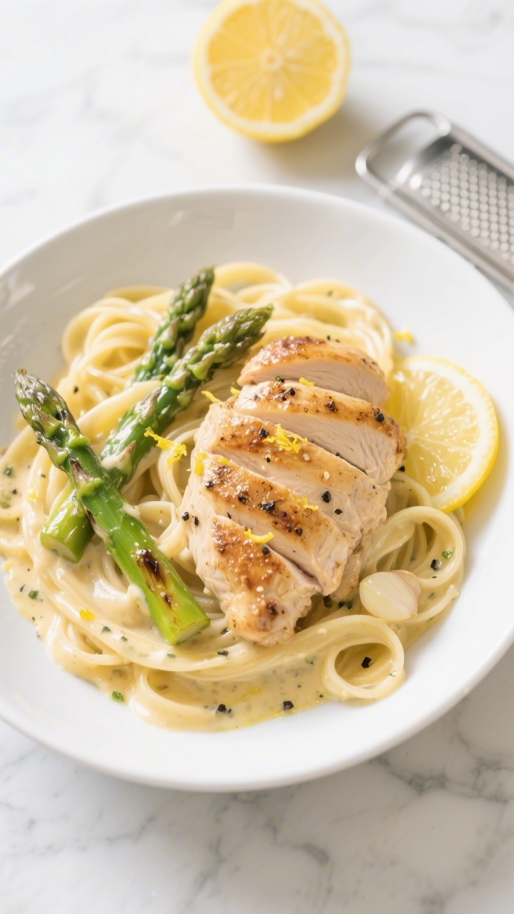 45-degree angle final dish: Lemony creamy garlic chicken pasta with linguine, juicy seared chicken thighs sliced, asparagus spears lightly charred and crisp-tender, a glossy lemon-garlic cream sauce shimmering on the noodles, visible lemon zest flecks and a squeeze of fresh lemon juice, finished with cracked black pepper and a drizzle of olive oil; plated in a wide white bowl on a light marble surface with a halved lemon and a microplane in the background, bright, fresh spring vibe.