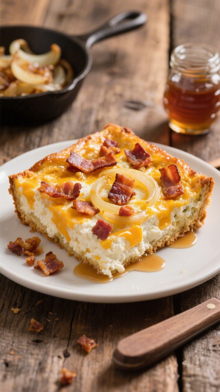 45-degree angle hero shot of a maple-savory brunch cottage cheese egg bake: deeply golden top studded with chopped thick-cut bacon, ribbons of caramelized yellow onions, and pockets of aged cheddar, subtle maple sheen catching the light; a square piece plated with extra bacon crumbles and a drizzle of warm maple over the crusty edge; set on a rustic wooden table with a small skillet of caramelized onions and a jar of maple syrup nearby; cozy, brunch-ready atmosphere with rich, glossy textures.
