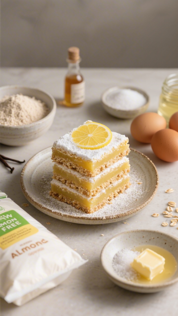 45-degree angle hero shot of Almond Flour Lemon Bars (gluten-free): neatly stacked squares on a rustic plate, almond flour crust with a tender crumb and a bright lemon layer, lightly dusted with powdered sugar. Include subtle ingredient hints around: a bowl of fine almond flour, vanilla extract vial, granulated sugar, a small dish of fine sea salt, melted unsalted butter (and a nearby jar of coconut oil to suggest the dairy-free option), and four eggs. Neutral backdrop, soft directional light, focus on grain and citrus sheen, gluten-free cue via labeled almond flour bag partially in frame, no people.