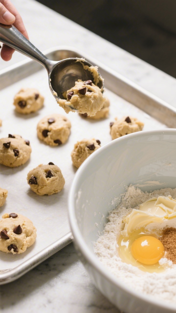 45-degree angle, one-bowl, no-chill cookie dough being scooped onto a sheet: a metal cookie scoop dropping rounded mounds studded with chocolate chips. The single mixing bowl sits nearby with very soft butter creamed with 2/3 cup granulated sugar and 1/3 cup light brown sugar, an egg, vanilla extract, and all-purpose flour visible as a dusting on the rim. Emphasize speed and simplicity, bright daytime light, shallow depth of field highlighting the dough’s soft, ready-to-bake texture.