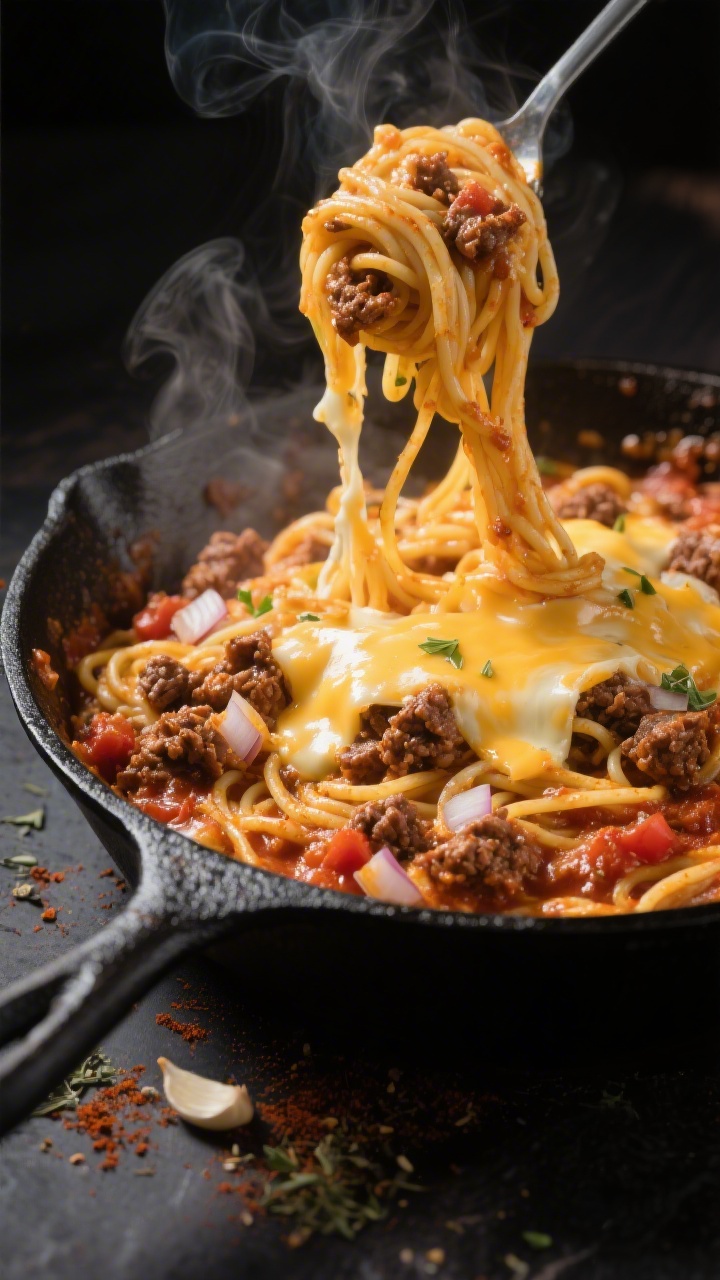 45-degree angle, one-pot action shot of Cheesy Skillet Spaghetti (No-Boil Magic): spaghetti simmering directly in a large black cast-iron skillet with ground beef, diced onion, minced garlic, Italian seasoning, and a hint of smoked paprika; thick, saucy noodles visibly softening as dollops of melting cheese pull into strands across the surface; steam rising, edges of the skillet kissed with sauce splatters; moody background, tight depth of field emphasizing gooey cheese stretch and beefy, tomato-forward sauce.