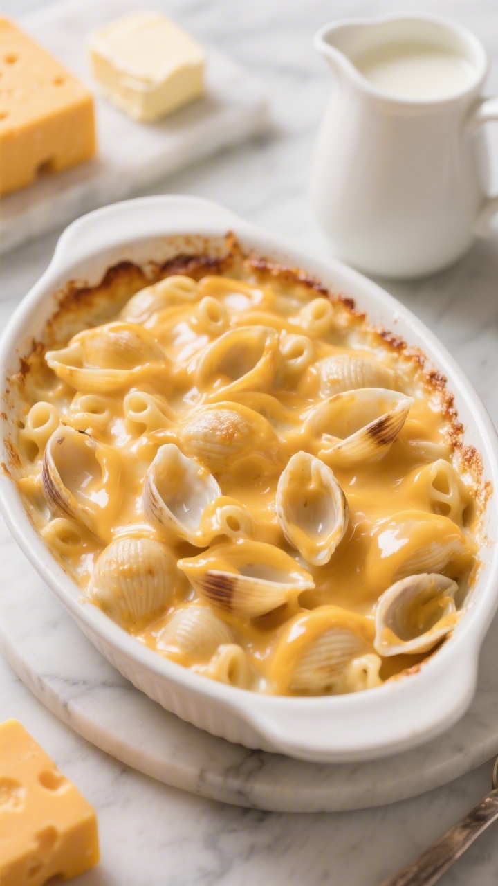 45-degree angle plated presentation: Extra-creamy stovetop-to-oven mac made with shells, overflowing with glossy cheese sauce. The sauce clings to each shell, showcasing ribbons of melted extra-sharp cheddar and Monterey Jack with a hint of pale sheen from warmed whole milk and heavy cream. Baked until lightly blistered on top, no breadcrumbs—just silky, bubbling cheese. Served in a white oval baking dish on a marble counter, with blocks of cheddar and Monterey Jack, a pat of butter, and a warm milk-and-cream pitcher blurred in the background for context.