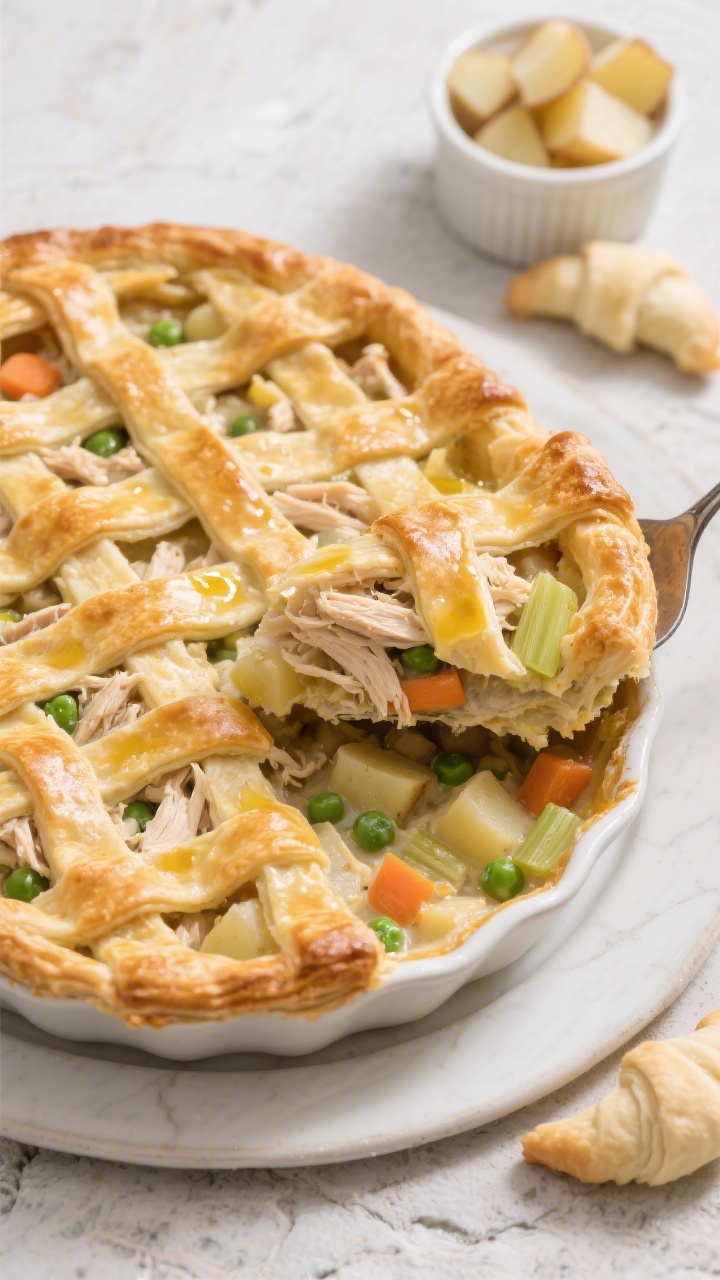 45-degree angle plated presentation of a casserole dish featuring a neatly woven crescent roll lattice top, deeply golden and flaky, over a creamy chicken pot pie filling dotted with shredded chicken, parboiled diced potatoes, frozen peas and carrots, and tiny celery pieces; a slice lifted with a pie server showing the tender interior, buttery sheen from melted butter on the lattice, set against a light stone background with a ramekin of diced potatoes and a few raw crescent roll triangles in frame for context.