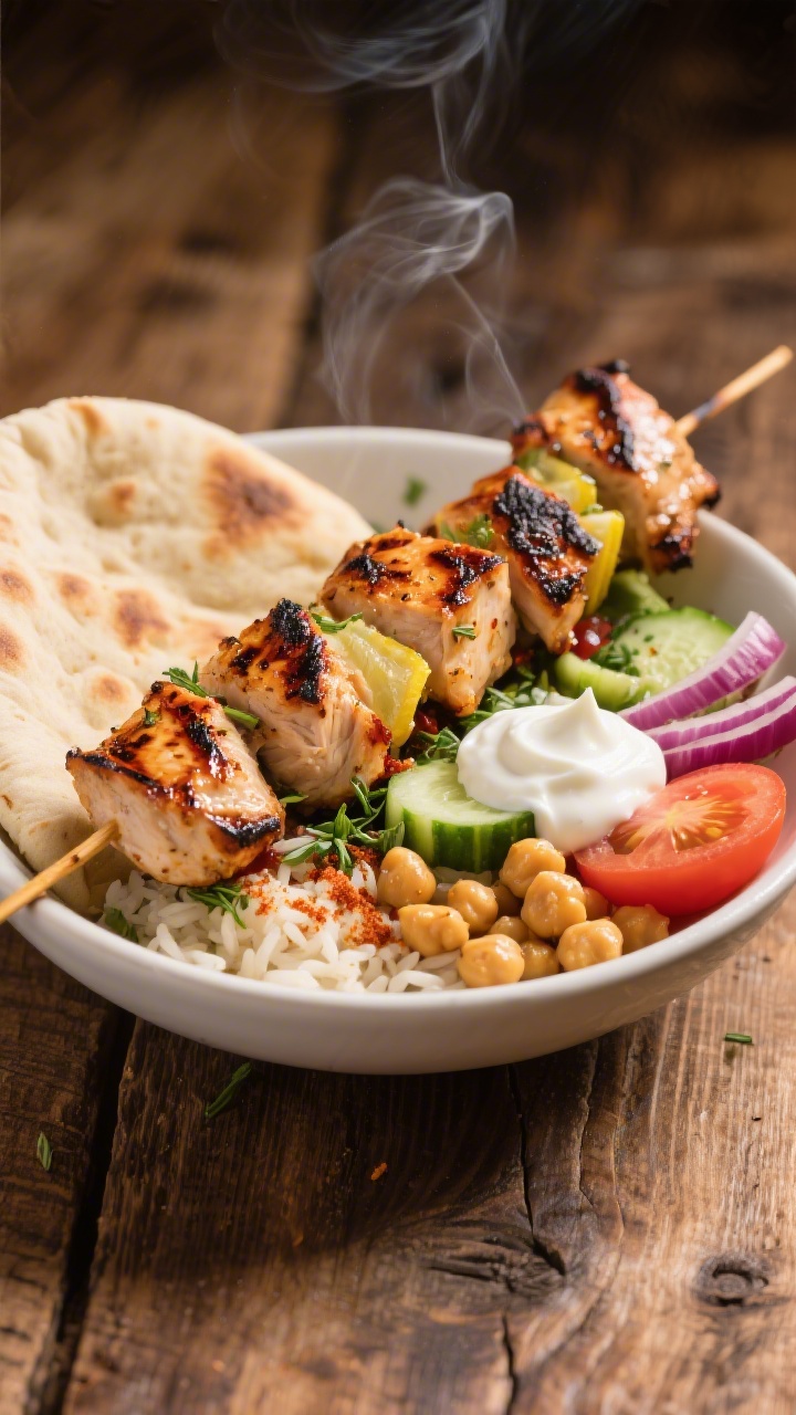 45-degree angle plated presentation of a Charred Souvlaki Bowl: skewer-style chunks of chicken thighs with deep grill marks, marinated in olive oil, red wine vinegar, lemon juice, grated garlic, dried oregano, smoked paprika, and kosher salt; served over warm pita and herbed rice with smoky paprika-roasted chickpeas, cucumbers, tomatoes, red onion, and a dollop of garlicky yogurt; rustic wooden table, warm tones, a faint wisp of steam for heat.