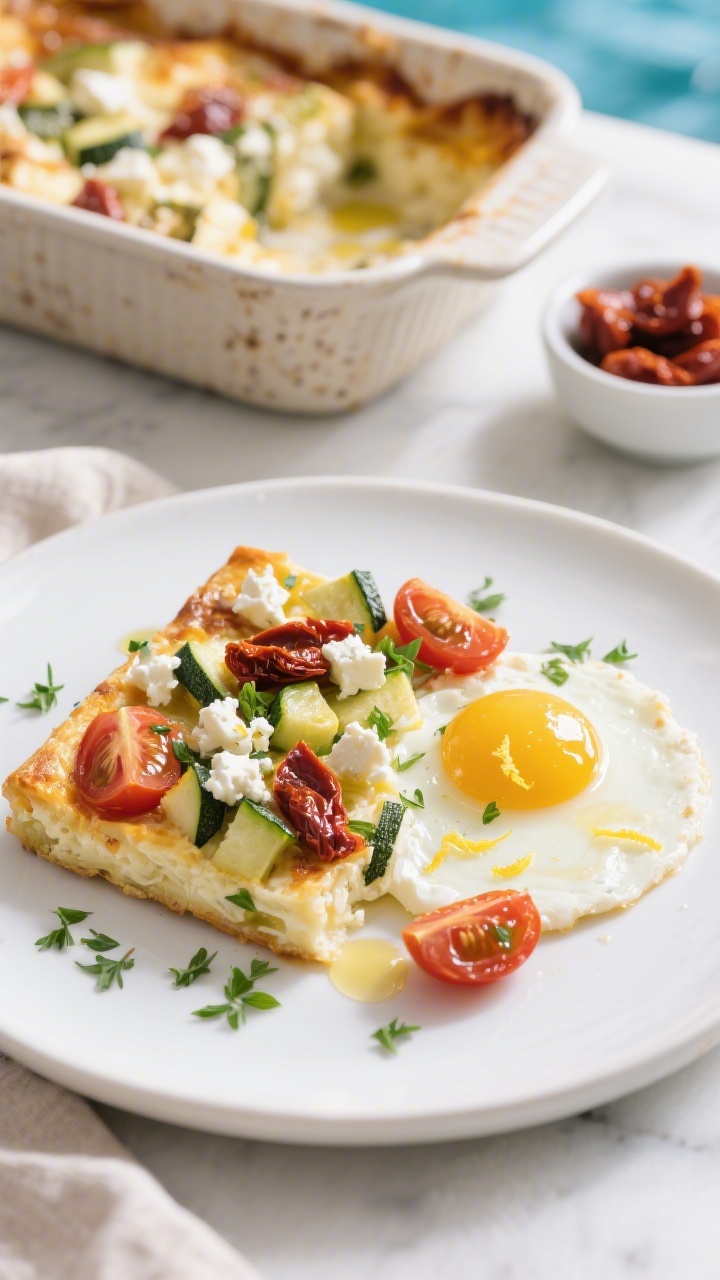45-degree angle plated presentation of a Mediterranean veggie cottage cheese egg bake square on a matte white plate, showcasing crumbled feta pockets, strings of mozzarella, diced zucchini, halved cherry tomatoes, and glossy bits of sun-dried tomatoes in oil; garnished with chopped fresh herbs (parsley and oregano), a drizzle of olive oil, and lemon zest; background includes a rustic baking dish with the remaining casserole and a small bowl of sun-dried tomatoes; bright, clean styling with Mediterranean coastal vibes.