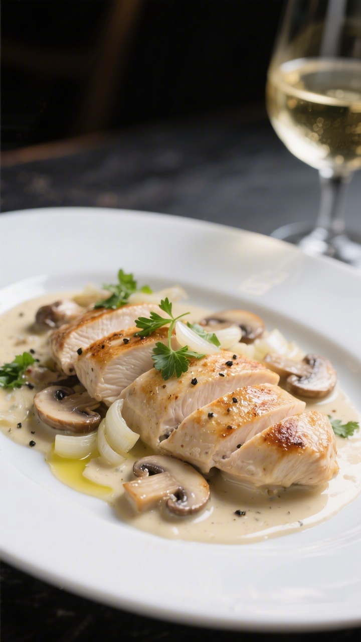 45-degree angle plated presentation of creamy mushroom chicken with white wine and shallots: evenly pounded boneless chicken breasts lightly browned, bathed in a silky cream sauce made with sautéed shallots, white wine reduction, and cremini mushrooms; flecks of black pepper and kosher salt visible, glossy olive oil highlights. Served on a wide white ceramic plate with a drizzle of pan sauce, a scatter of fresh parsley, and a glass of white wine blurred in the background; moody side light to emphasize the sheen and tender texture.