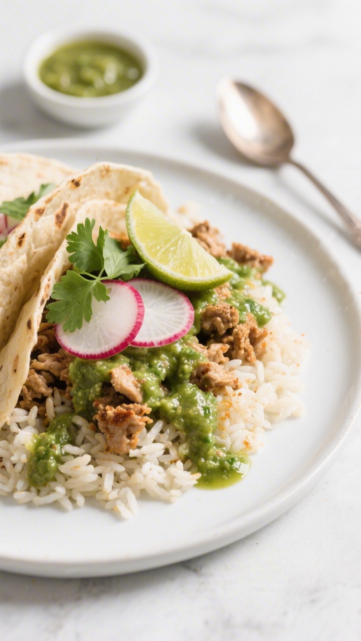 45-degree angle plated presentation of salsa verde chicken taco rice: ground chicken seasoned with cumin, chili powder, and a hint of smoked paprika folded through fluffy rice, generously sauced with bright green salsa verde; topped with thinly sliced radishes, fresh cilantro, and a lime wedge on a white ceramic plate; background includes a small bowl of extra salsa verde and a spoon glistening with neutral oil, clean modern styling, vibrant zingy mood.