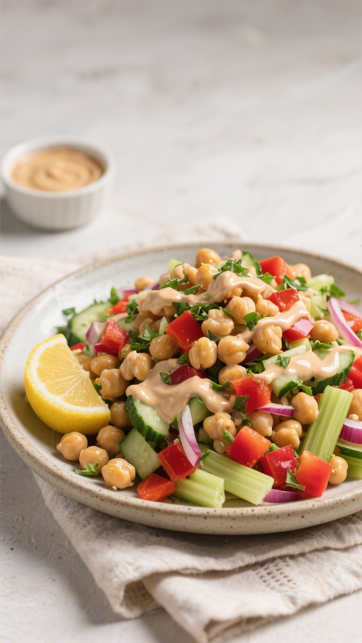 45-degree angle plated shot of a lemon-tahini chickpea power salad piled high in a shallow stoneware bowl: chickpeas tossed with diced red bell pepper, chopped Persian cucumber, thinly sliced celery, minced red onion, and a shower of chopped fresh herbs, generously drizzled with a glossy lemon-tahini dressing; set on a linen napkin with a lemon half and a small ramekin of tahini in frame, clean modern styling, soft diffuse light highlighting crunch and creaminess.