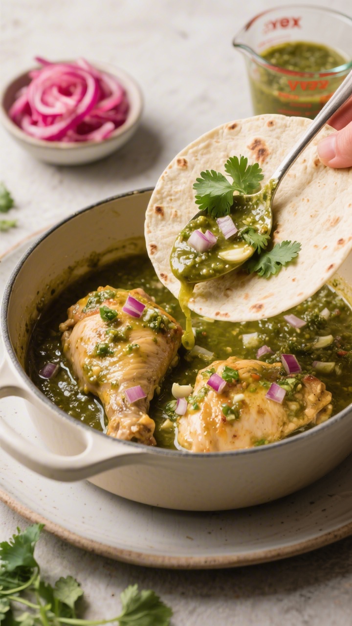 45-degree angle pot-to-plate moment: tender chicken thighs simmered in glossy salsa verde with finely chopped onion and minced garlic, a ladle lifting saucy chicken over waiting tortillas; quick pickled red onions in a small dish (vivid magenta curls) ready for topping; a measuring cup of low-sodium chicken broth in the background to imply the simmer; fresh cilantro leaves and extra salsa verde for garnish; soft, inviting light that makes the verde sauce gleam and the onions pop.