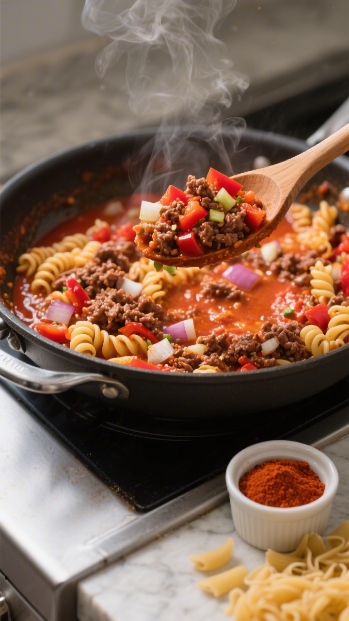 45-degree angle process shot of One-Pot Chili Pasta That Solves Dinner Fast: a deep sauté pan filled with ground beef, diced small onion, red bell pepper, minced garlic, chili powder, ground cumin, and short pasta simmering together in a tomato-chili broth; pasta just al dente, sauce clinging to spirals; a wooden spoon lifting a scoop to reveal peppers and beef crumbles; steam curling up, vibrant reds and ambers, kitchen-counter setting with a small ramekin of chili powder and uncooked pasta scattered nearby