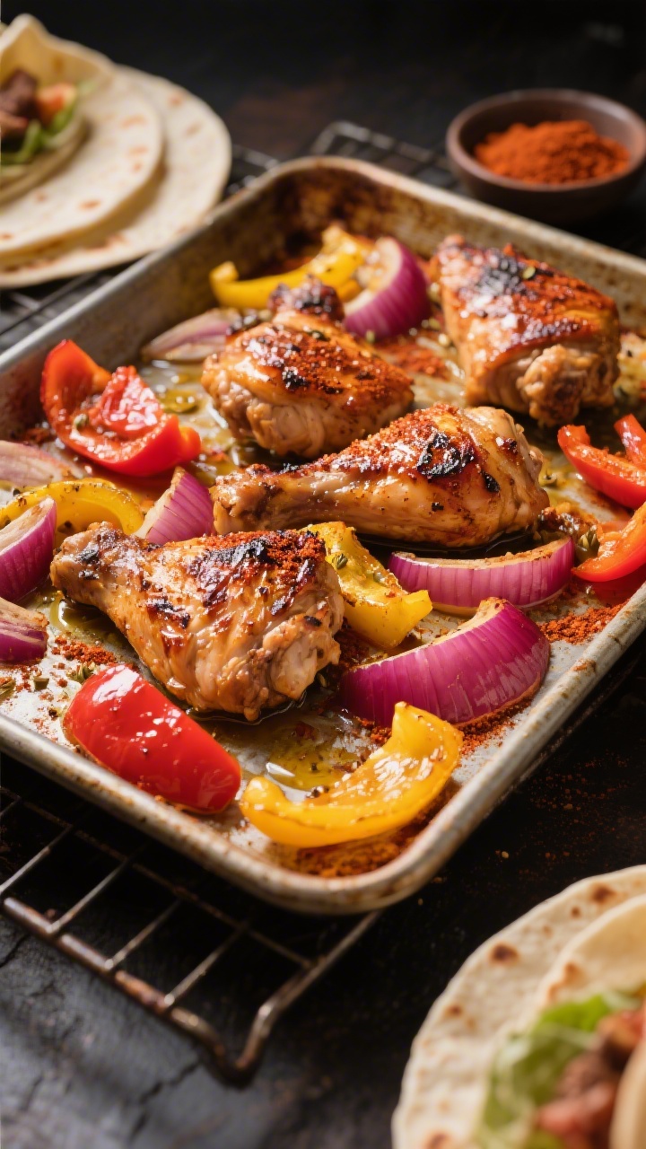 45-degree angle sheet-pan scene straight from the oven: smoky chicken thigh strips with bell peppers in mixed colors (red and yellow) and red onion slices, all glistening with olive oil and dusted in smoked paprika and ground cumin; lightly charred edges and softened onions; pan set on a cooling rack over a rustic baking sheet with a small bowl of paprika nearby; a few warmed tortillas at the frame edge hinting at taco assembly; vibrant, high-contrast lighting to emphasize the smoky roast.