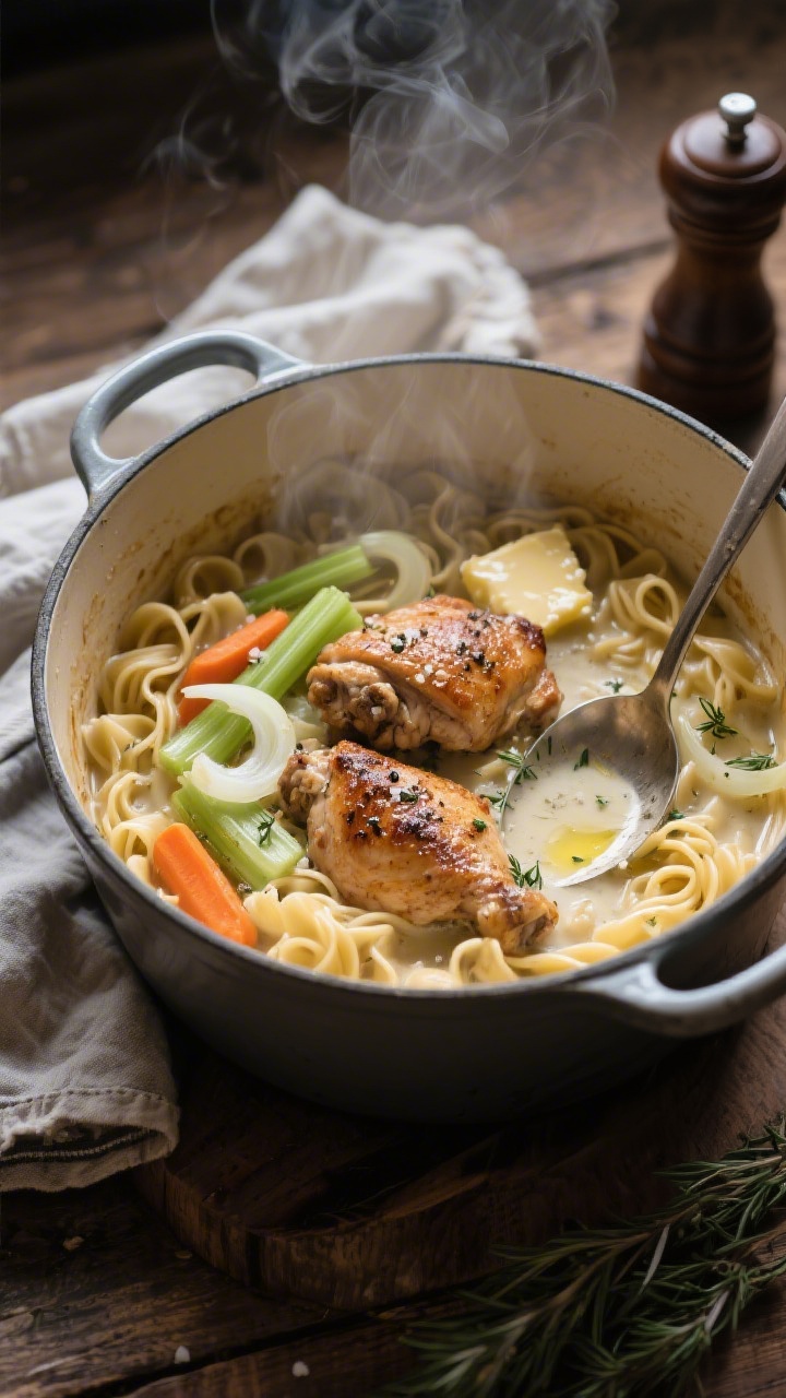 45-degree angle shot of a rustic Dutch oven on a wooden table: bite-size browned chicken thighs seasoned with kosher salt and black pepper nestled among sautéed onion, celery, and carrots, butter and olive oil sheen, wide egg noodles folded into a rich, herby cream broth; ladle resting on the pot rim, flecks of thyme, generous steam, moody afternoon light for a cozy, classic feel; a linen towel and pepper mill in the background.
