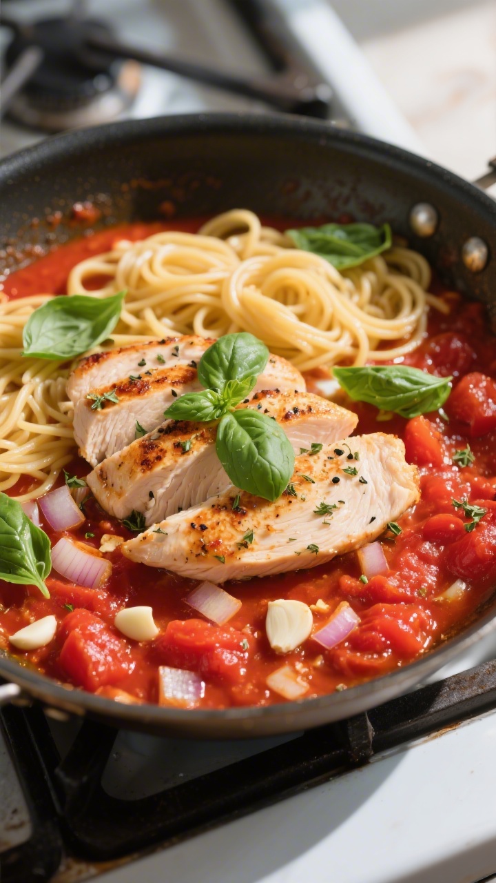 45-degree angle skillet scene capturing the cooking process of tomato-basil chicken pasta: thinly sliced chicken breast seared in olive oil with kosher salt, black pepper, and dried oregano, mingling with finely chopped onion and visible minced garlic; crushed tomatoes simmering into a bright red sauce with torn fresh basil scattered on top; dry pasta just added and beginning to soften in the sauce. Vibrant summer palette of reds and greens, no people, clean stovetop setting, natural daylight from the side.