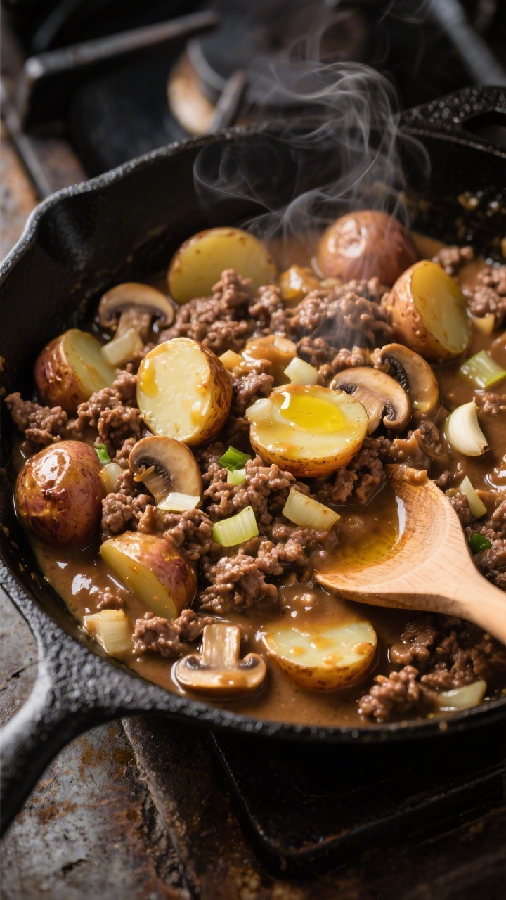 45-degree angle skillet scene for One-Pot No-Noodle Stroganoff Skillet: a black cast-iron pan brimming with saucy ground beef, halved baby potatoes (skin-on, tender with browned edges), sliced mushrooms, diced onion, and visible minced garlic; glossy, rich gravy clinging to potatoes; a small drizzle of olive oil catching highlights; set on a rustic stovetop with a wooden spoon partially submerged; wisps of steam rising; tight framing to emphasize low-fuss, hearty, one-pan comfort.
