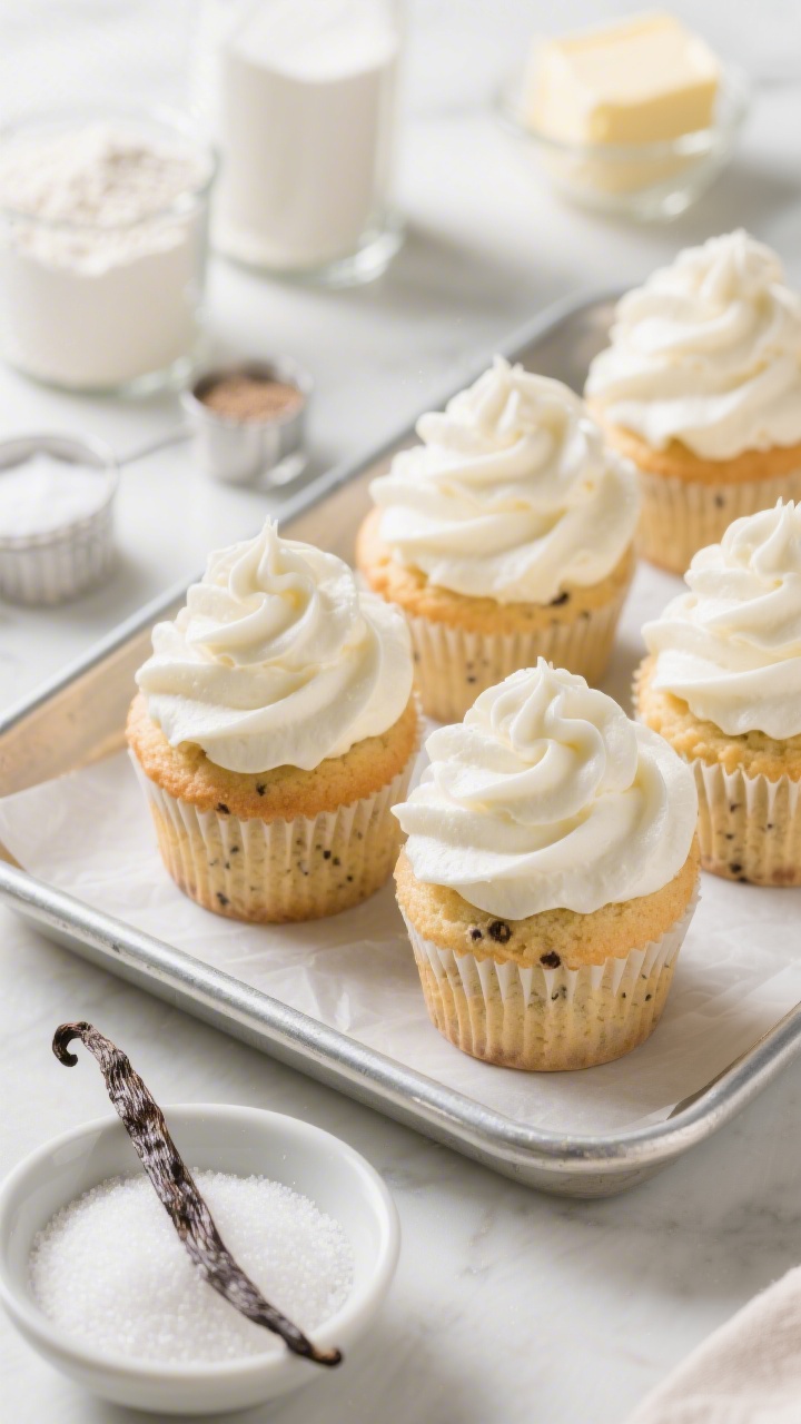 45-degree bakery display shot of Bakery-Style Vanilla Bean Cupcakes with Whipped Cream Clouds: cupcakes baked with cake flour, visible vanilla bean specks in the crumb, crowned with lofty, cloud-like whipped cream swirls. Present in a metal bakery tray with parchment, a small dish of granulated sugar, a split vanilla bean pod, and measured ingredients in the background (cake flour, baking powder, baking soda, fine sea salt, unsalted butter). Bright, airy lighting, shallow depth of field emphasizing the delicate crumb and whipped cream texture.