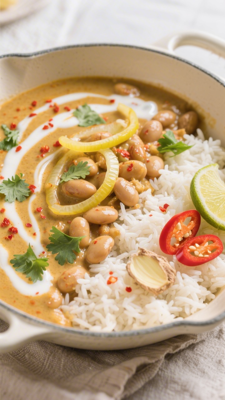 45-degree close-up of a creamy coconut curry bean and rice skillet: silky coconut oil base with thinly sliced yellow onion, grated fresh ginger, and minced garlic blooming into a glossy sauce tinted by red curry paste. Long-grain rice and tender beans nestled in a pale golden coconut curry, flecked with cilantro. The surface shows gentle swirls of coconut cream and tiny red curry specks; styled in a light ceramic pan on a neutral linen, garnished with lime wedges and sliced red chili for a cozy, warming feel.