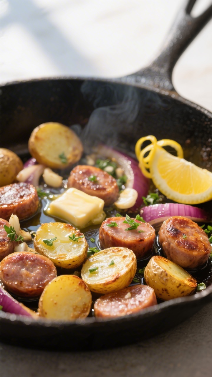 45-degree close-up of a sizzling garlic-herb sausage and potato skillet: sliced Italian sausage (mild or hot) with crisped edges, halved baby potatoes blistered and golden, sliced red onion softened, visible specks of minced garlic, olive oil shimmer and a pat of melting butter pooling; lemon wedges and zest curls on the side to imply fresh zing, scattered chopped herbs, shallow depth of field with the foreground sausage coins in sharp focus, bright natural window light for a fresh, zesty mood.