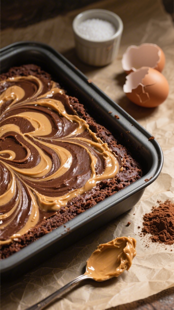 45-degree close-up of a square weeknight snack cake in the pan, with thick peanut butter swirl marbled through a tender chocolate crumb. Visible ribbons of creamy peanut butter contrasting with the cocoa-rich batter. Nearby: a spoon with smears of peanut butter, a small mound of unsweetened cocoa powder, a cup of granulated sugar, and one cracked large egg on parchment. Casual, cozy evening vibe, warm directional light, focus on the glossy swirl textures.