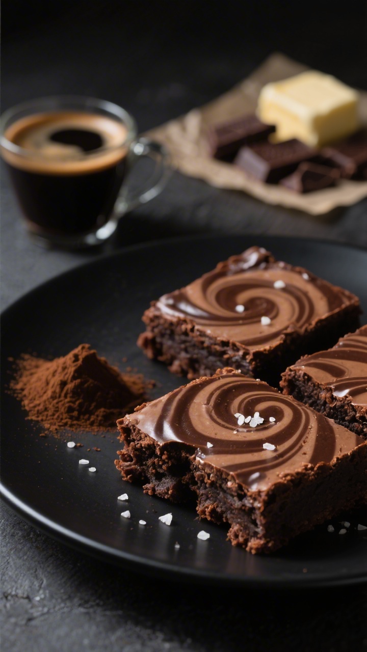 45-degree close-up: Salted Espresso Swirl Brownies on a matte black plate, showcasing dramatic espresso-chocolate swirls and a faint sprinkle of flaky salt. A small mound of instant espresso powder and a demitasse cup of inky espresso sit blurred in the background, alongside chopped bittersweet chocolate and a pat of unsalted butter on parchment. Capture the moist, fudgy crumb at a corner bite, with espresso swirl ribbons glistening. Low, directional light for deep contrast and late-night mood.