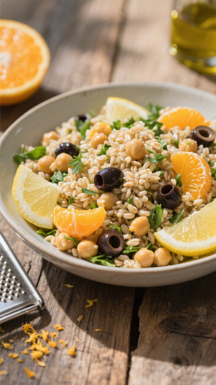 45-degree composed salad scene of Citrus Olive and Farro Chickpea Power Salad: fluffy pearled farro mixed with chickpeas, segmented orange pieces with pooled juice, thin lemon half-moons, briny sliced olives (Kalamata), and fresh herbs; light olive oil glisten, citrus juice visibly dressing the grains, served in a wide shallow bowl; citrus segments and farro grains in sharp detail, airy daylight, rustic wooden table with a zester and scattered zest for a bright, energizing mood.