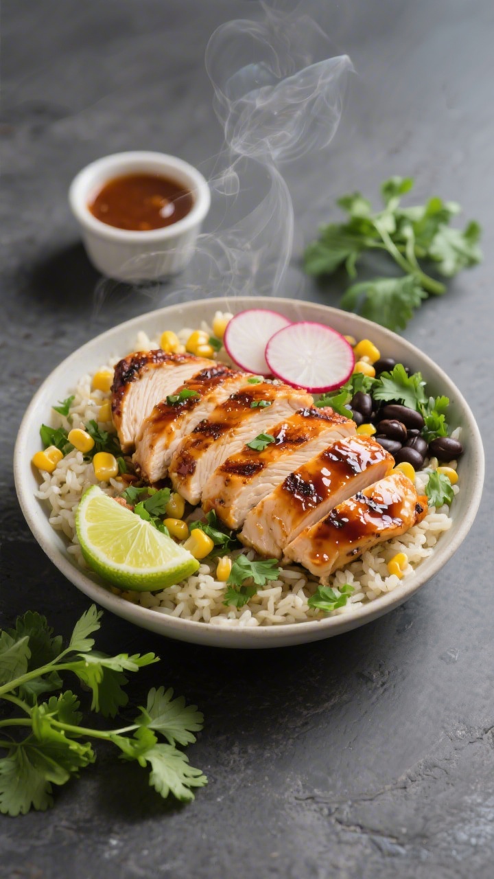 45-degree plated presentation of a Chipotle-Lime Chicken Burrito Bowl: sliced grilled chicken breasts marinated in adobo sauce with minced chipotle chile, fresh lime juice, and honey, arranged over fragrant cilantro-lime rice; garnished with sliced radishes, corn, black beans, chopped cilantro, and lime wedges; glossy, lightly charred chicken with sticky glaze, steam visible; shot on a matte slate surface with a small ramekin of extra adobo-lime sauce and a bunched cilantro sprig in frame.