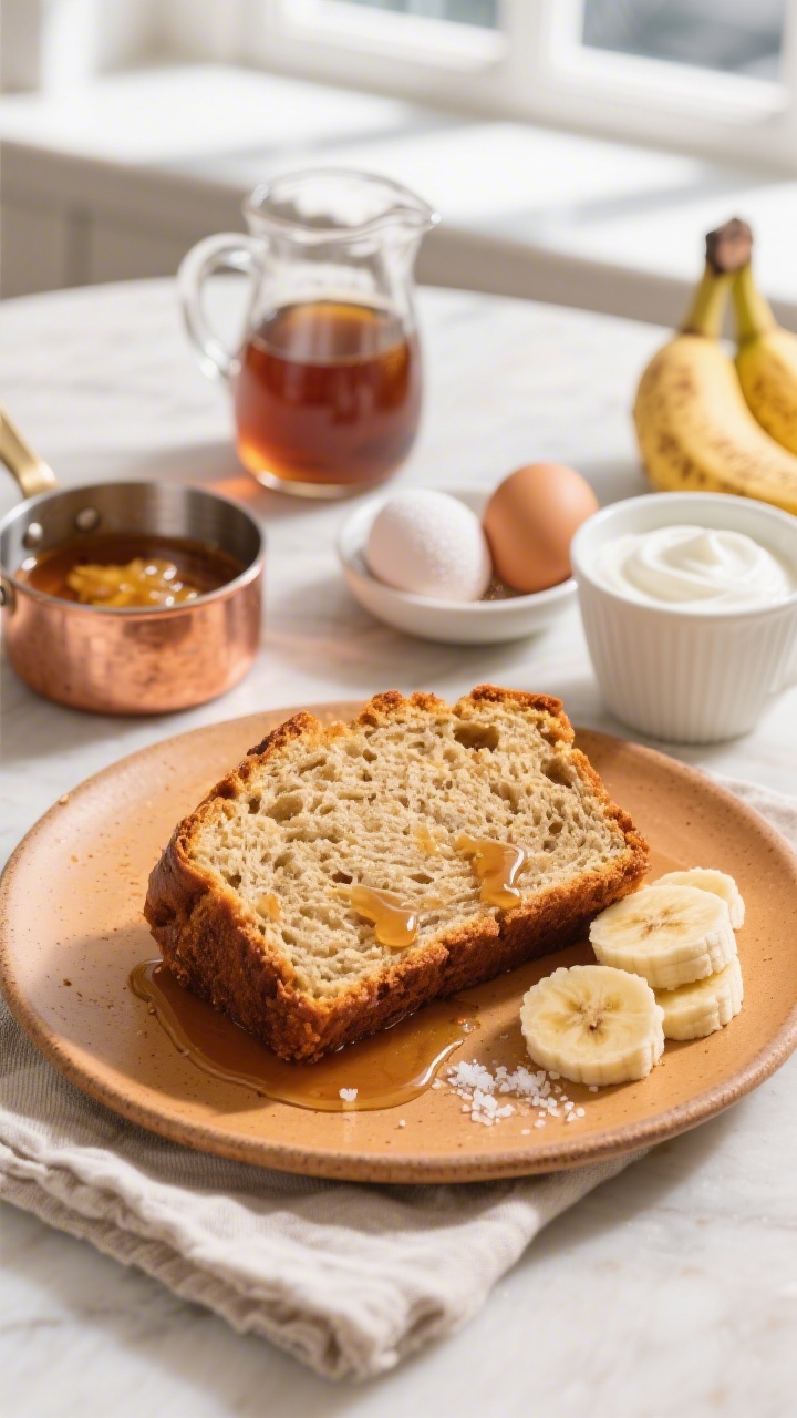 45-degree plated presentation of bakery-style banana bread made with brown butter and maple: thick slice on a warm-toned ceramic plate, visible toasted milk-solids freckles from the browned butter, lacquered with a thin maple syrup sheen. Surround with a small copper pan of browned butter, a glass pitcher of pure maple syrup, granulated sugar in a pinch bowl, two room-temp eggs, and a cup of plain Greek yogurt (the 1/3 cup) nearby. Add a few banana slices and a light dusting of flaky salt. Bright bakery window light, linen napkin, clean crumb.