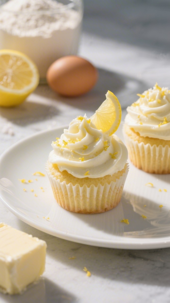45-degree plated presentation of Lemon-Kissed Vanilla Cupcakes with Cream Cheese Frosting: pale-yellow tinted vanilla cupcakes with a tangy cream cheese frosting piped high, garnished with fine lemon zest and a tiny lemon wedge twist on one cupcake. Include ingredient cues: all-purpose flour, baking powder, fine sea salt, unsalted butter, granulated sugar, and two room-temperature eggs near a halved lemon. Cool daylight with gentle shadows, crisp focus on frosting texture and citrus oils glistening on the zest.