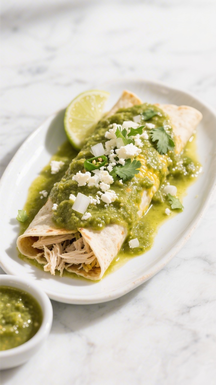 45-degree plated presentation of Salsa Verde Chicken Enchiladas that pop with brightness: corn tortillas rolled around shredded chicken, generously coated in vibrant green salsa verde, topped with a melting layer of pepper Jack and crumbles of queso fresco; a scatter of finely diced white onion and fresh cilantro over the top; served on a white ceramic plate with a light drizzle of salsa pooling at the edges, lime wedges and a small bowl of extra salsa verde in frame; clean marble surface, bright daylight, crisp focus highlighting the green tones and creamy-white cheeses.