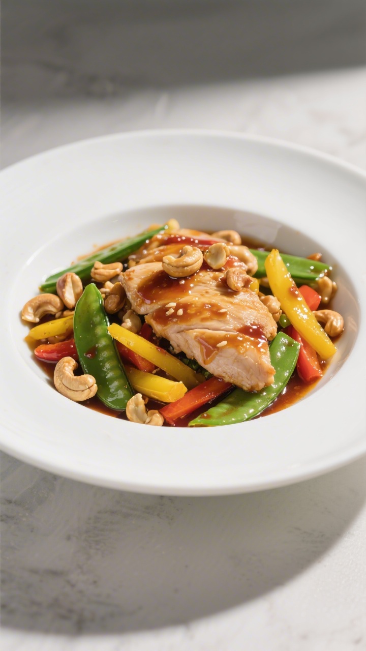 45-degree plated presentation of sweet chili cashew chicken with rainbow veg and big crunch: thinly sliced chicken thighs lightly coated with cornstarch, lacquered in a sweet-chili glow with soy and ginger notes, tossed with snap peas, yellow bell pepper strips, and crunchy roasted cashews; served in a wide shallow white bowl, glistening sauce clinging to vegetables, bright greens and yellows popping, scattered cashews for texture, clean modern tabletop, high-contrast lighting to emphasize crunch and gloss