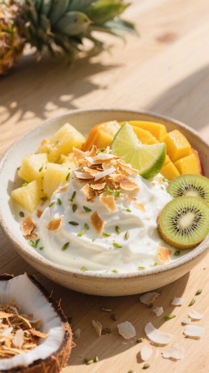45-degree plated presentation of “Tropical Protein Paradise With Toasted Coconut And Lime”: silky Greek yogurt piled high in a shallow ceramic bowl, crowned with golden toasted coconut flakes, juicy pineapple chunks, ripe mango slices, kiwi rounds, and a shower of lime zest; a lime wedge squeezed over, micro-splashes visible; garnished with hemp seeds for extra protein; warm, beachy mood with sunlit highlights, light wood tabletop, scattered coconut flakes and a small dish of extra toasted coconut in frame.