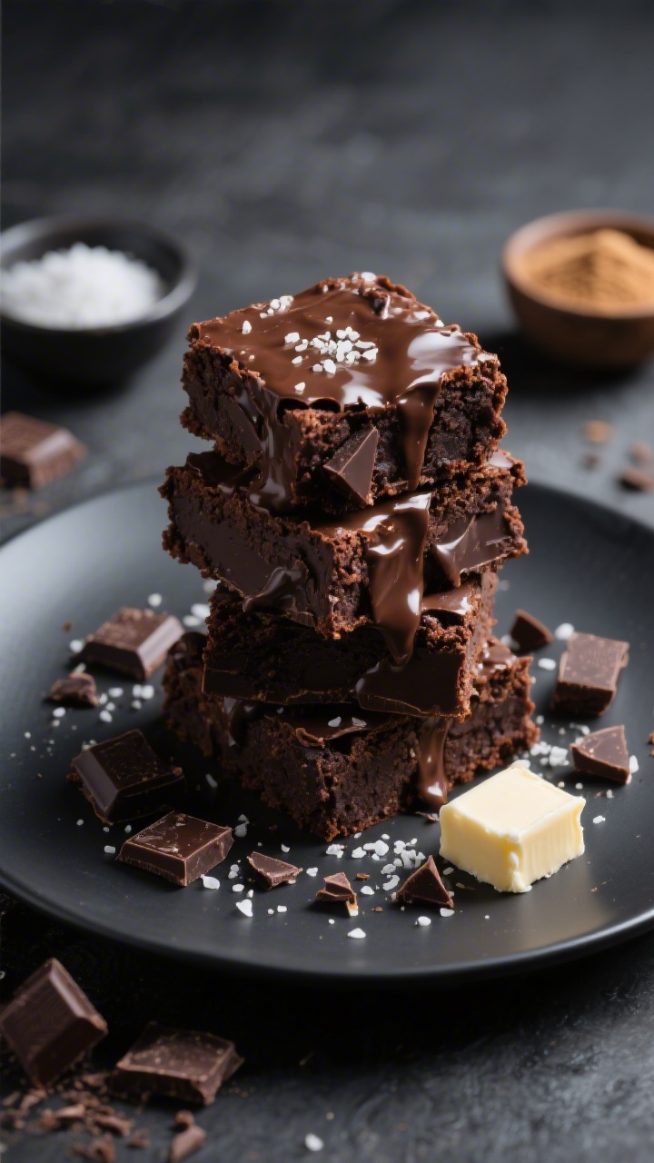 45-degree plated presentation: Triple-Chocolate Salted Chunk Brownies stacked in an offset tower on a matte charcoal plate, with visible pools and jagged chunks of dark chocolate (60–70%) studded throughout the fudgy crumb. A glossy surface hints at multiple chocolates, with coarse sea salt flakes catching the light. Scatter chopped dark chocolate, a pat of unsalted butter, and small bowls of granulated and light brown sugar artfully in the background. Rich, cinematic lighting to emphasize depth and molten pockets, with a soft-focus backdrop for an ultra-decadent, “serious chocolate” mood.