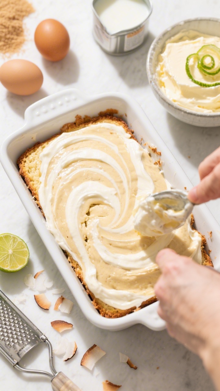 45-degree process shot of coconut-lime banana bread with a cheesecake swirl being marbled in the pan: visible creamy swirl ribboning through pale coconut-infused batter. Stage the ingredients around: melted unsalted butter, granulated and light brown sugar, two room-temp eggs, coconut milk in a small tin, fresh lime with zest curls and a halved lime, plus a separate bowl of the tangy cheesecake mixture. Finish scene with toasted coconut flakes and a fine microplane. Bright tropical light, white enamel pan, vibrant, fresh feel.