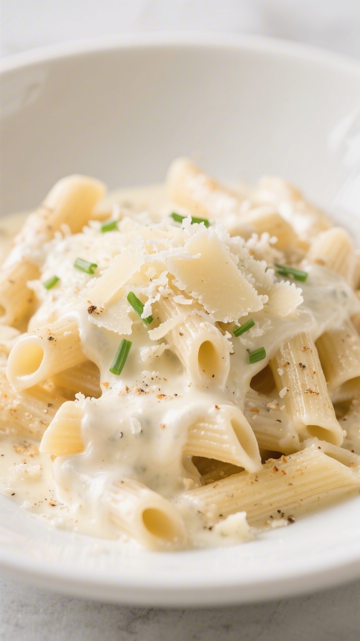 A 45-degree plated shot of Creamy Three-Cheese White Ziti (no tomato): ziti cloaked in velvety béchamel made with butter, flour, and warm whole milk, speckled with garlic powder and a whisper of freshly grated nutmeg, finished with melted trio-of-cheese pull and a sprinkle of white pepper. Served in a shallow white bowl, topped with finely grated Parmesan and a few chives for contrast; soft, bright lighting to showcase the glossy, ultra-creamy texture.