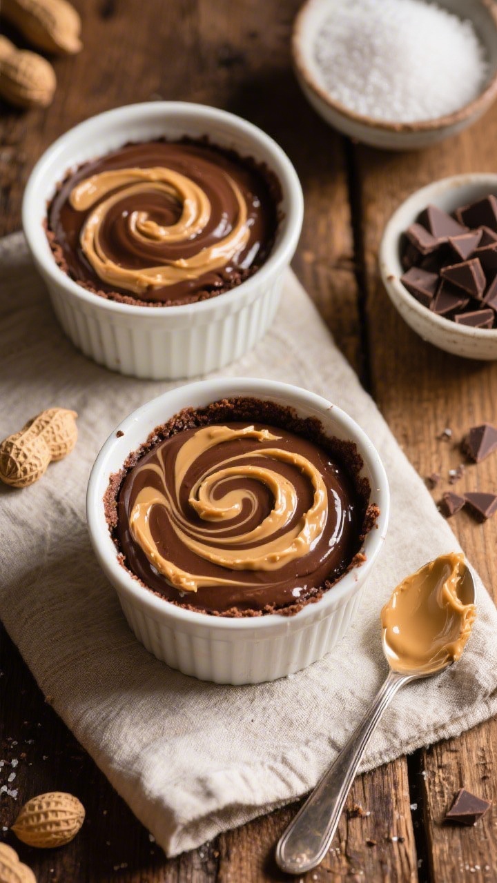A 45-degree process shot of peanut butter swirl lava cakes before baking: ramekins greased with butter filled with semisweet chocolate batter (55–65%), thick ribbons of creamy peanut butter swirled visibly on top; granulated sugar and chopped chocolate set in small bowls nearby, a spoon with peanut butter swipe resting on a linen; warm, inviting light accentuating the marbled chocolate-peanut butter pattern and glossy batter texture; rustic wooden surface for a candy-bar vibe, crisp detail on swirls.